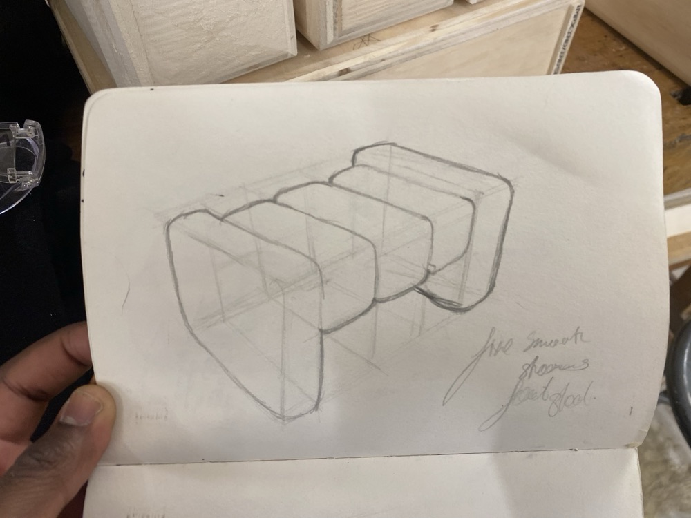 Pencil sketch of the footstool labelled five smooth stones foot stool